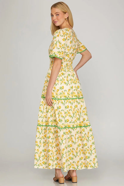Short Sleeve Yellow Tiered Maxi Dress