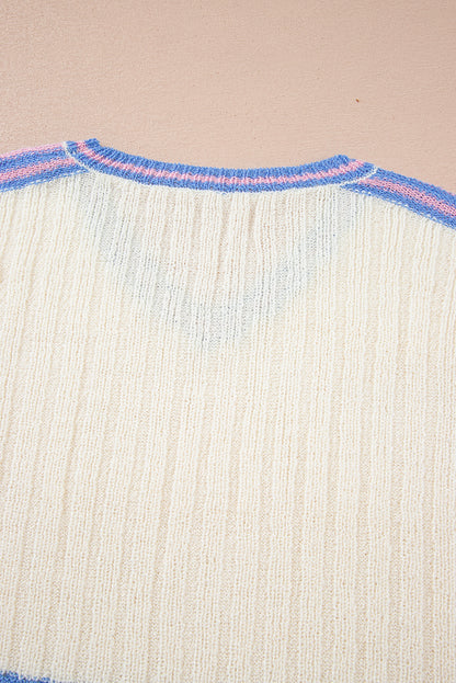 White Striped V Neck Dolman Sleeve Rib Knit Oversized Sweater with Slits