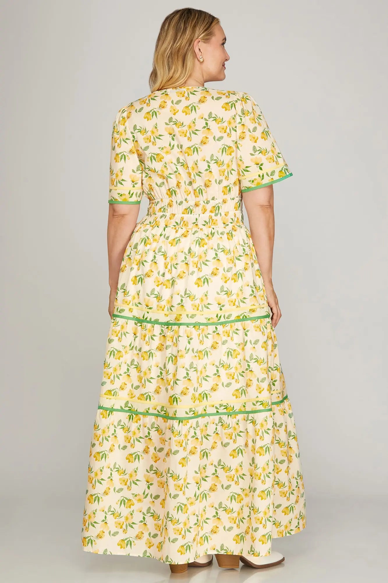 Short Sleeve Woven Print Tiered Maxi Dress