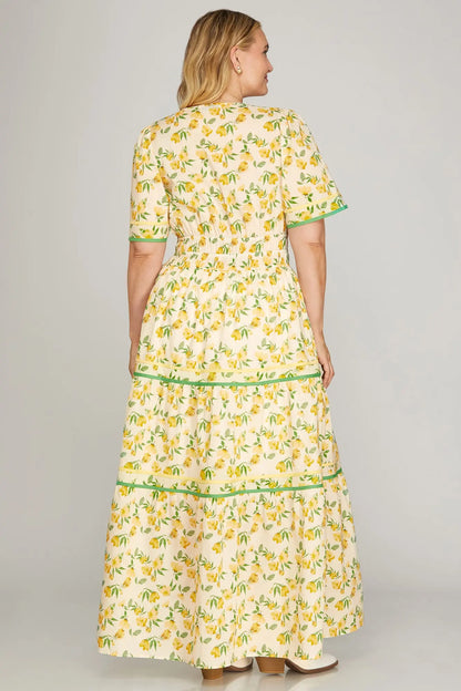 Short Sleeve Woven Print Tiered Maxi Dress