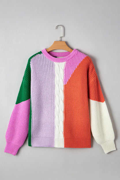 Desert Gold Color Block Textured Knit Drop Shoulder Loose Fit Sweater