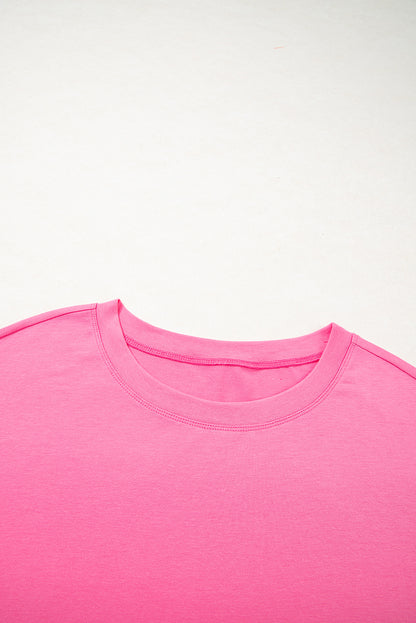 Pink Star Patched Colorblock Raw Edge Bracelet Sleeve Plus Size Loose Tee