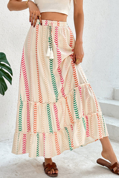 Multicolour Stripe Boho Tassel Tie Waist Tiered Maxi Skirt