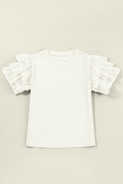 White Tulle Ruffle Sleeve Blouse