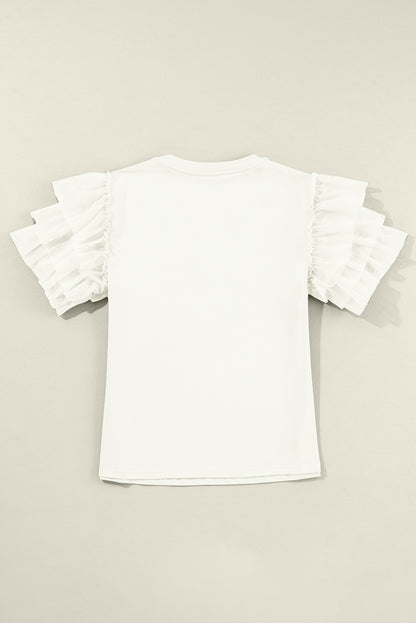 White Tulle Ruffle Sleeve Blouse