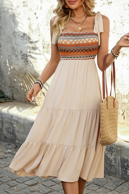 Jet Stream Ethnic Patchwork Knot Strap Midi Dress