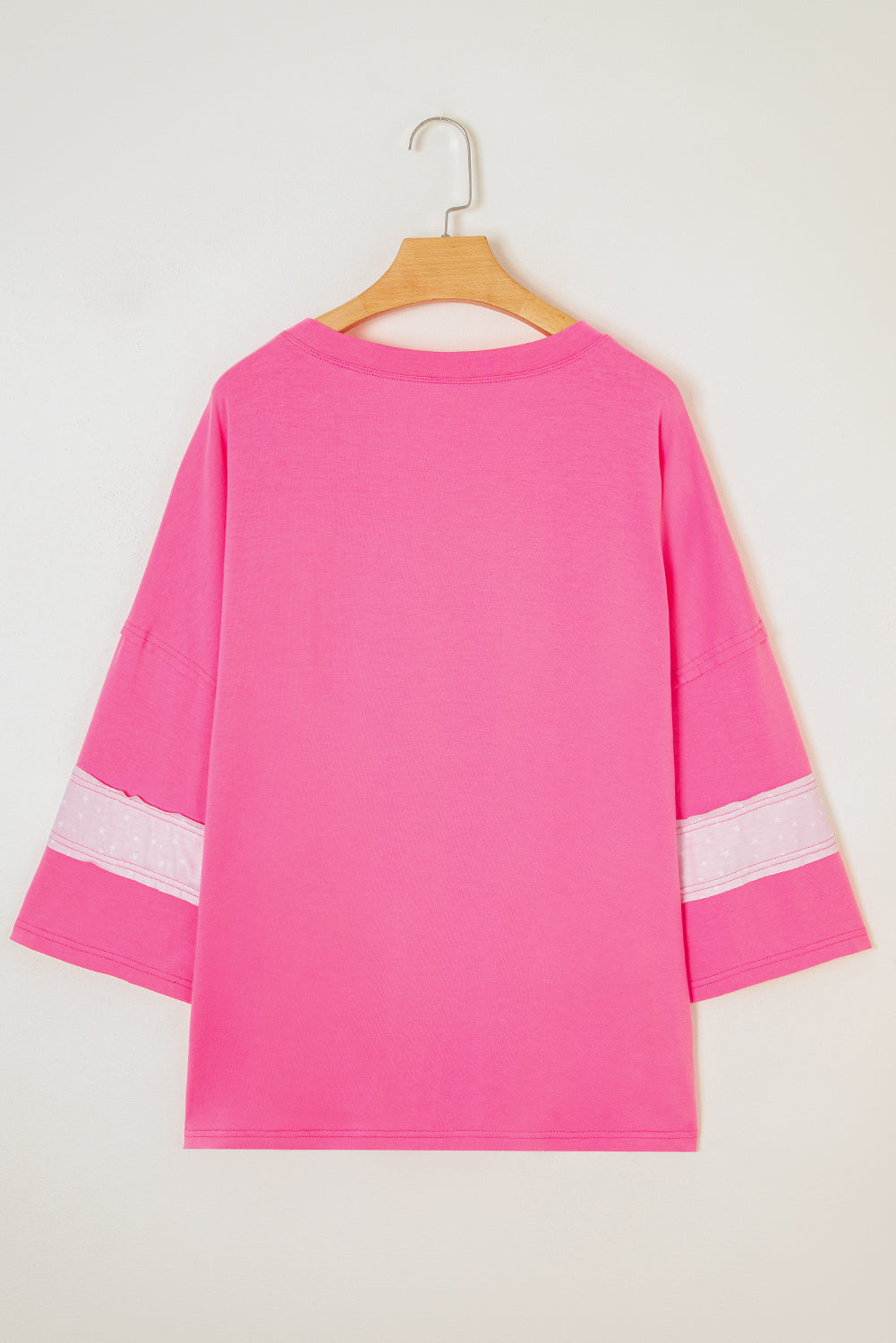 Pink Star Patched Colorblock Raw Edge Bracelet Sleeve Plus Size Loose Tee