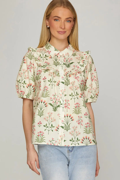 Short Sleeve Woven Floral Button Down Top with Yoke Ruffle Detail