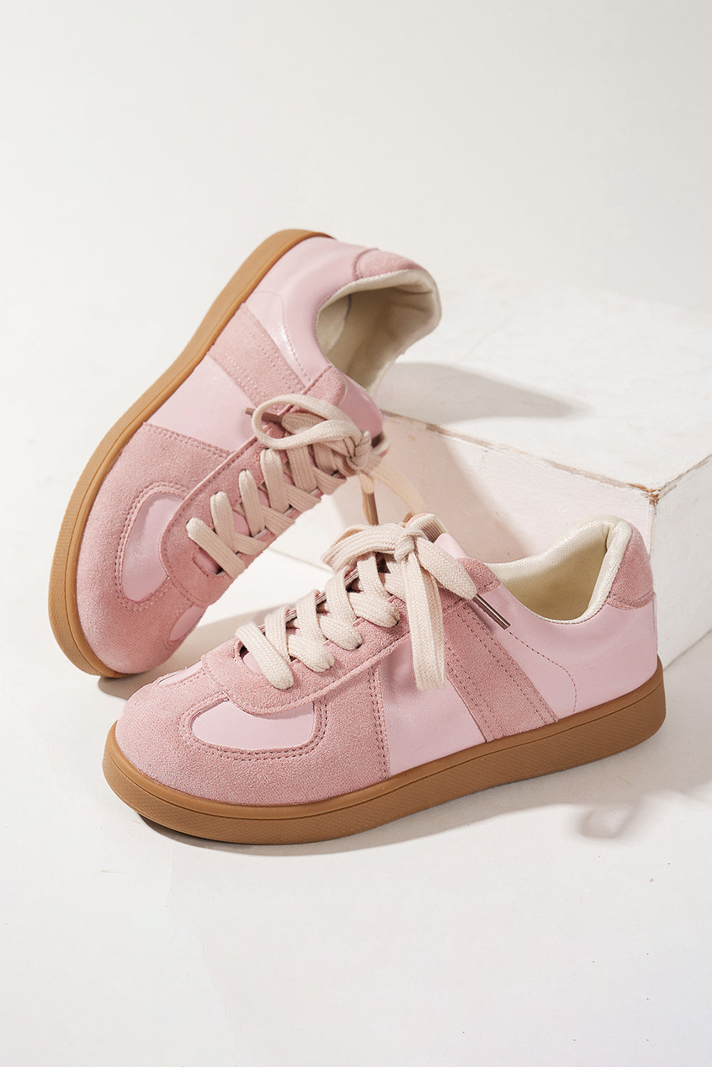 Pink Two Tone Suede Patched Lace Up Sneakers