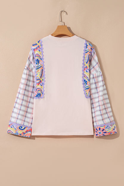 Delicacy Ricrac Trim Floral Plaid Patchwork Puff Sleeve Blouse