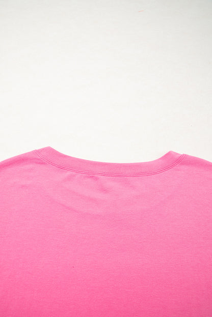 Pink Star Patched Colorblock Raw Edge Bracelet Sleeve Plus Size Loose Tee