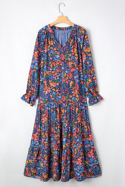 Blue Floral Print Tassel Tie V Neck Long Sleeve Flowy Long Dress