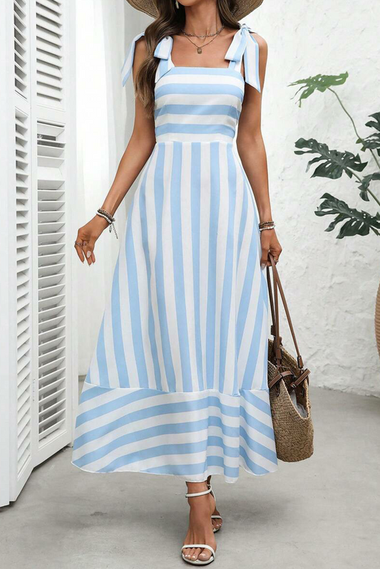 Sky Blue Stripe Knot Strap Maxi Dress