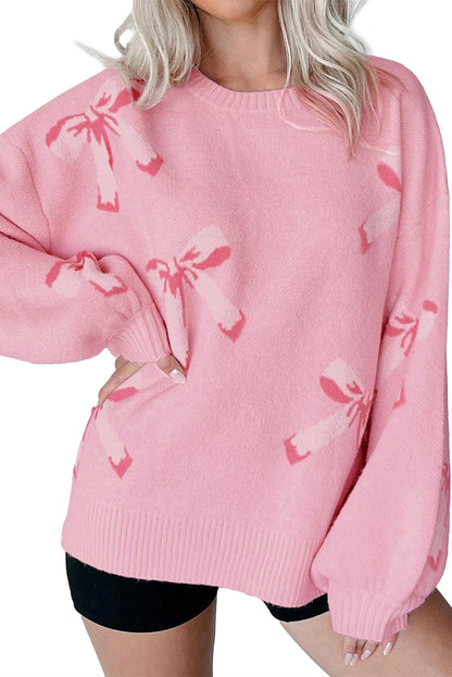 Pink Bow Jacquard Pullover Knitted Sweater