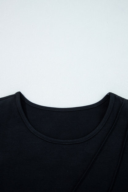 Black Asymmetric Seam Detail Solid Color Long Sleeve Top