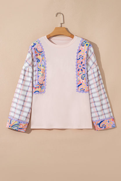 Delicacy Ricrac Trim Floral Plaid Patchwork Puff Sleeve Blouse