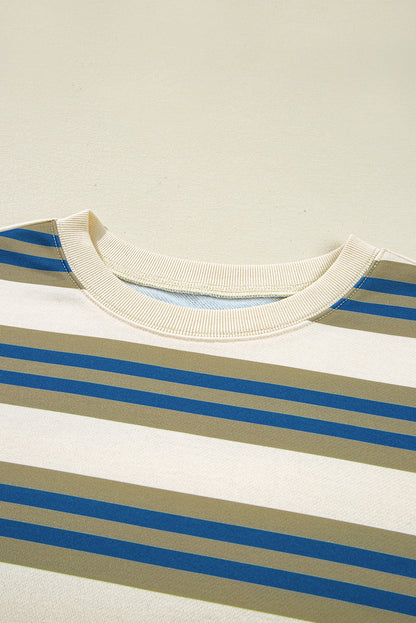 Khaki Stripe Crew Neck Drop Shoulder Pullover Sweatshirt