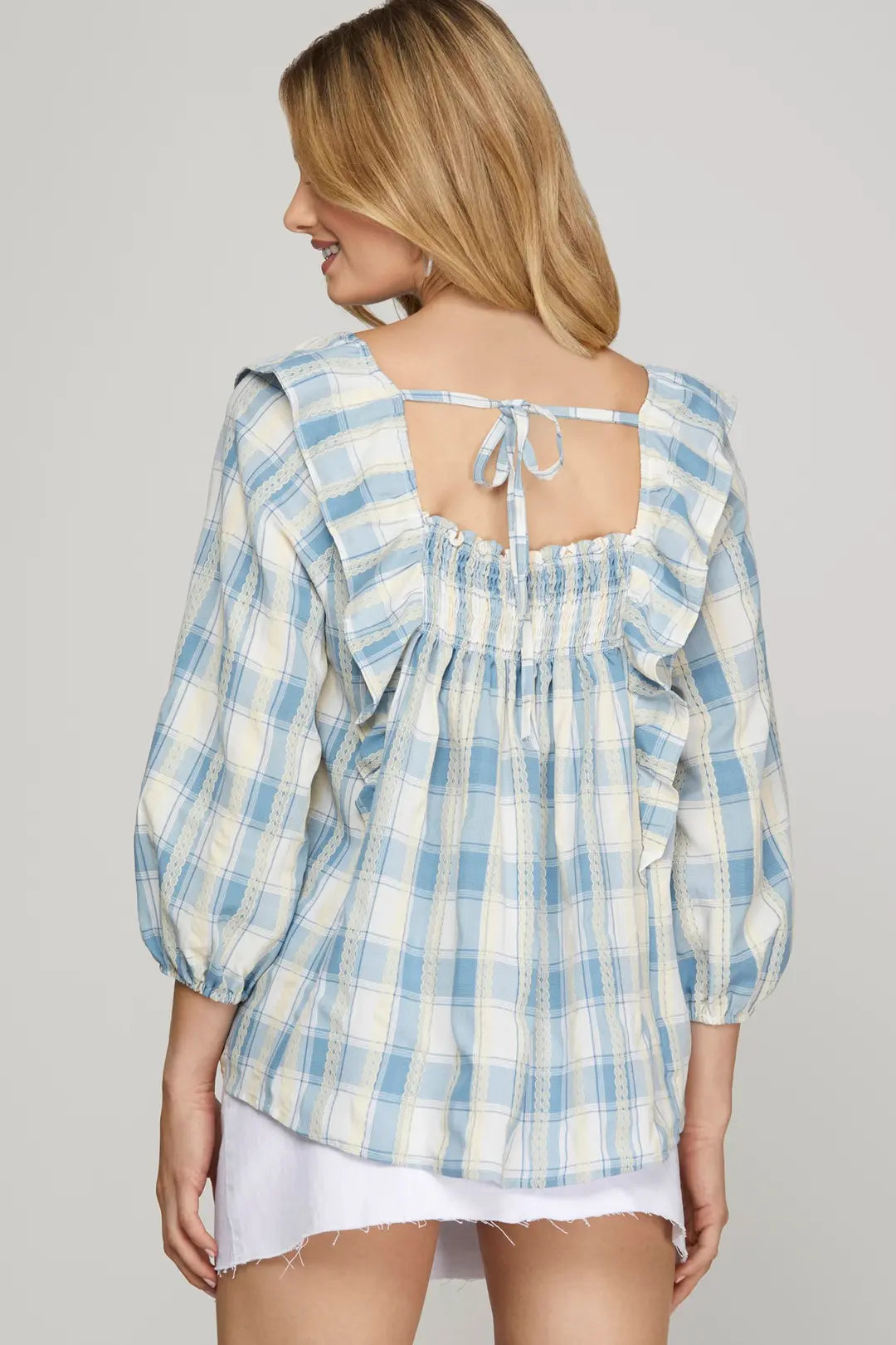 Plaid Ruffle Smocked Peasant Top