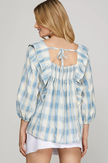 Plaid Ruffle Smocked Peasant Top