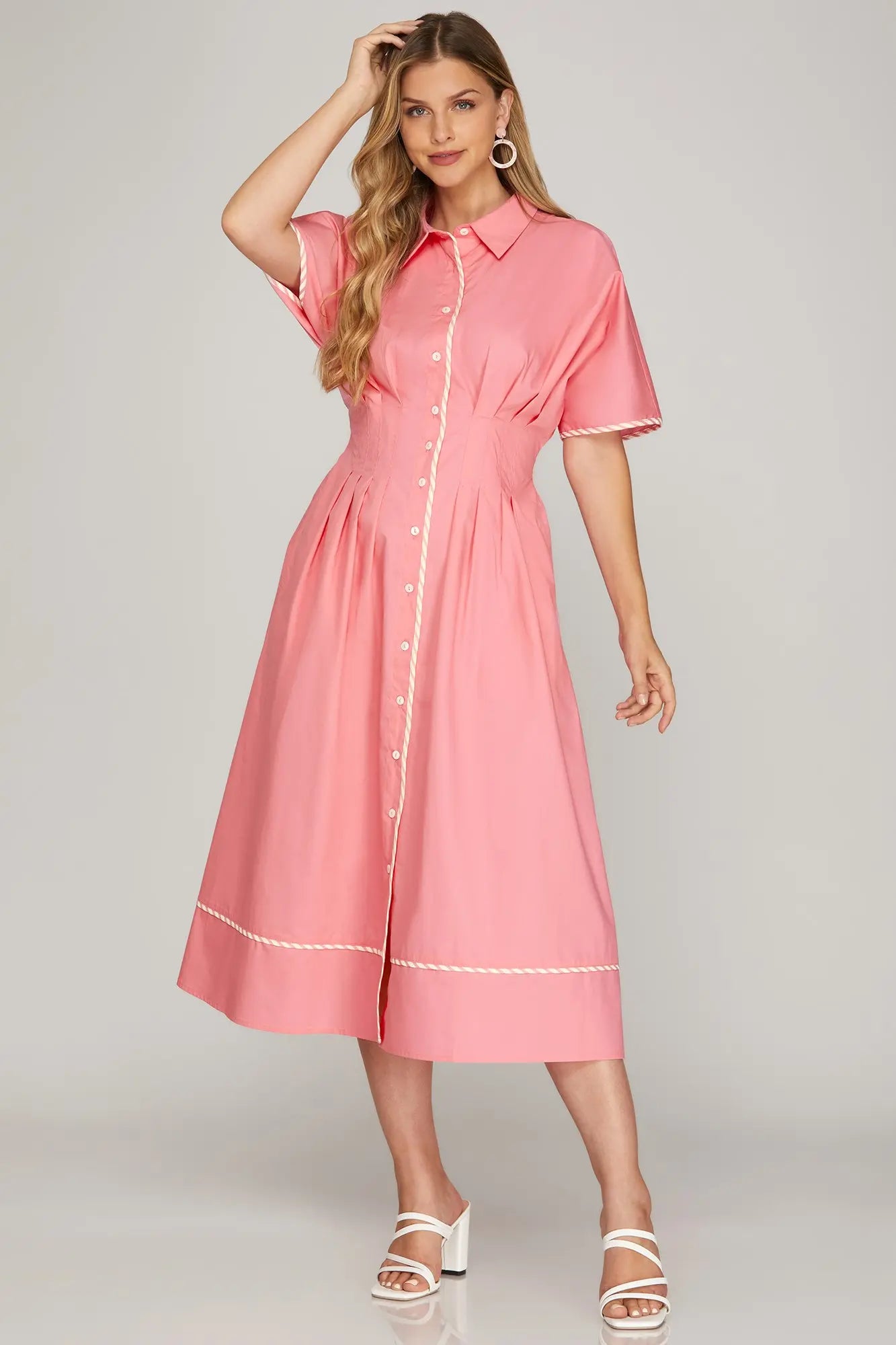 Drop Shoulder Short Sleeve Pintuck Midi Dress