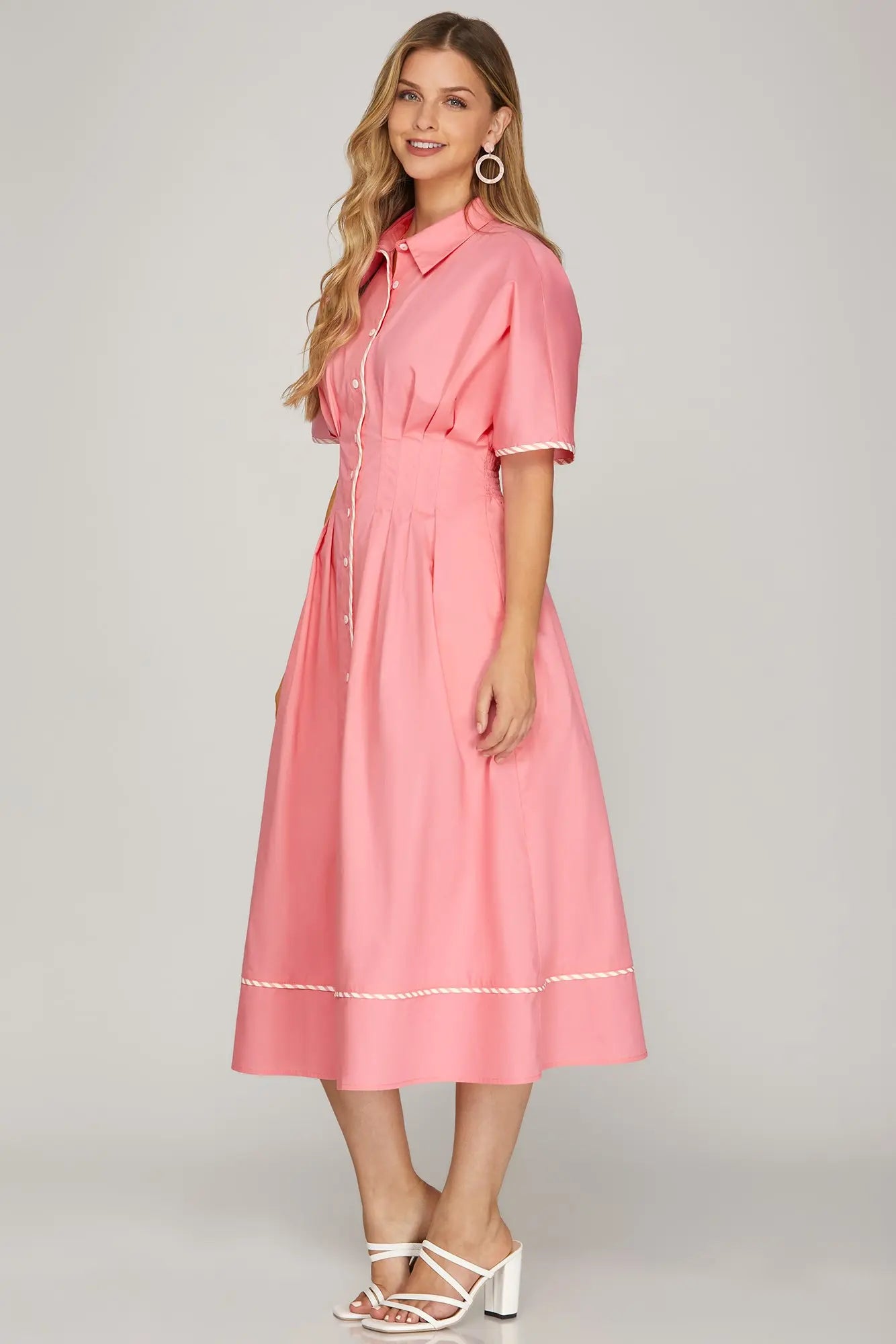 Drop Shoulder Short Sleeve Pintuck Midi Dress