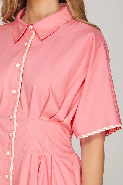 Drop Shoulder Short Sleeve Pintuck Midi Dress