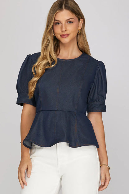 Short Sleeve Peplum Denim Top