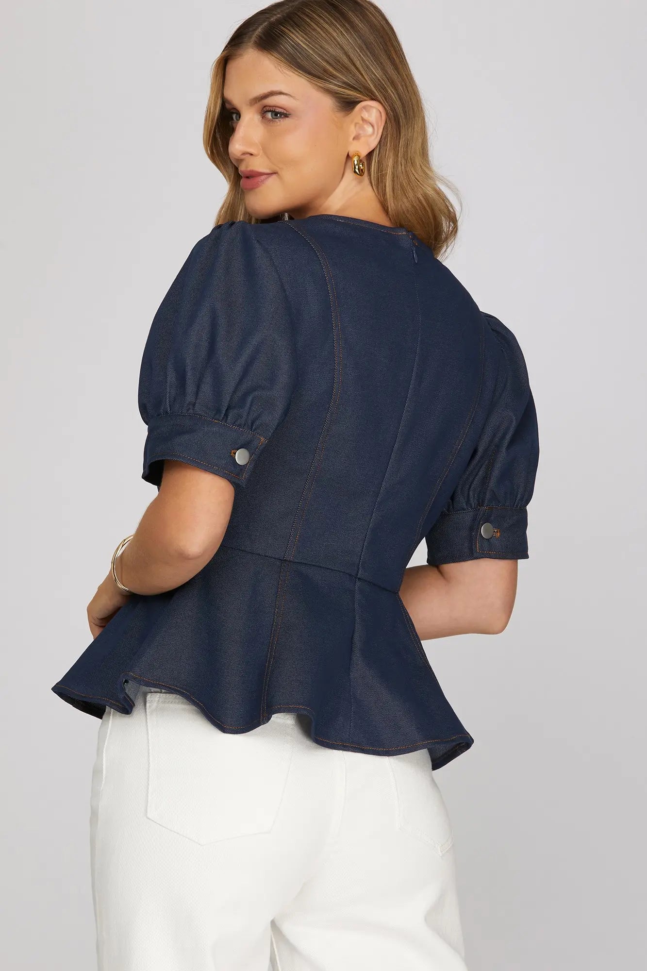 Short Sleeve Peplum Denim Top